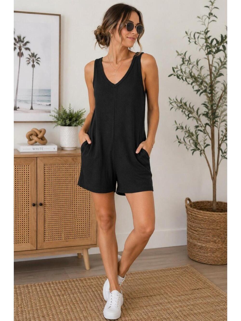 Blumin Apparel Black Ribbed Sleeveless Romper V Neck Pockets Stretch Knit M